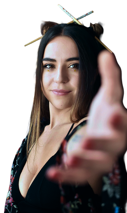 woman reaches out her hand toward the camera